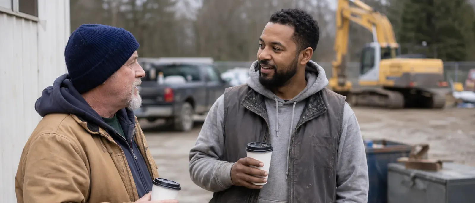 Two workers in worn jackets talking over paper cups of coffee on a break at a worksite.