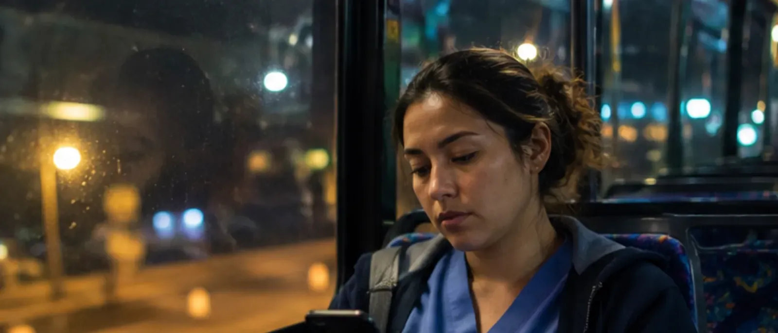 A worker in scrubs riding a city bus at night, checking her phone, with streetlights reflected in the window.