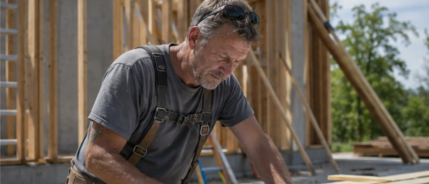 A framer reading paper plans on a stack of lumber at a residential build site.