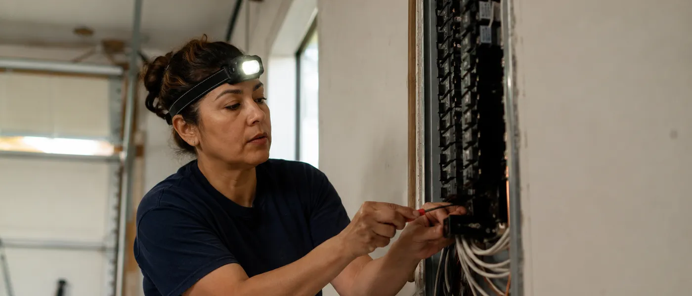 Un electricista con lámpara de cabeza y cinturón de herramientas conectando un panel eléctrico en una cochera.