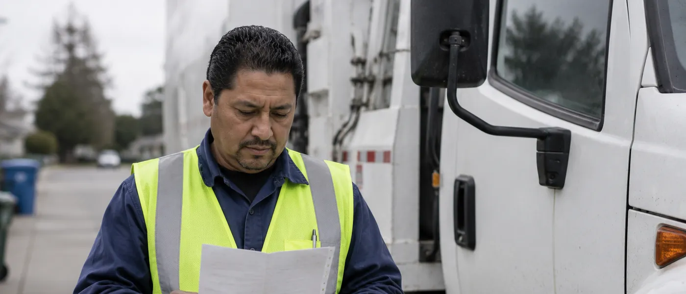 Un trabajador municipal con chaleco reflejante revisando la hoja de ruta junto a un camión de servicio.