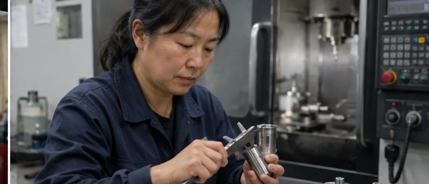 Un operador de máquina midiendo una pieza de metal con un calibrador en una estación CNC.