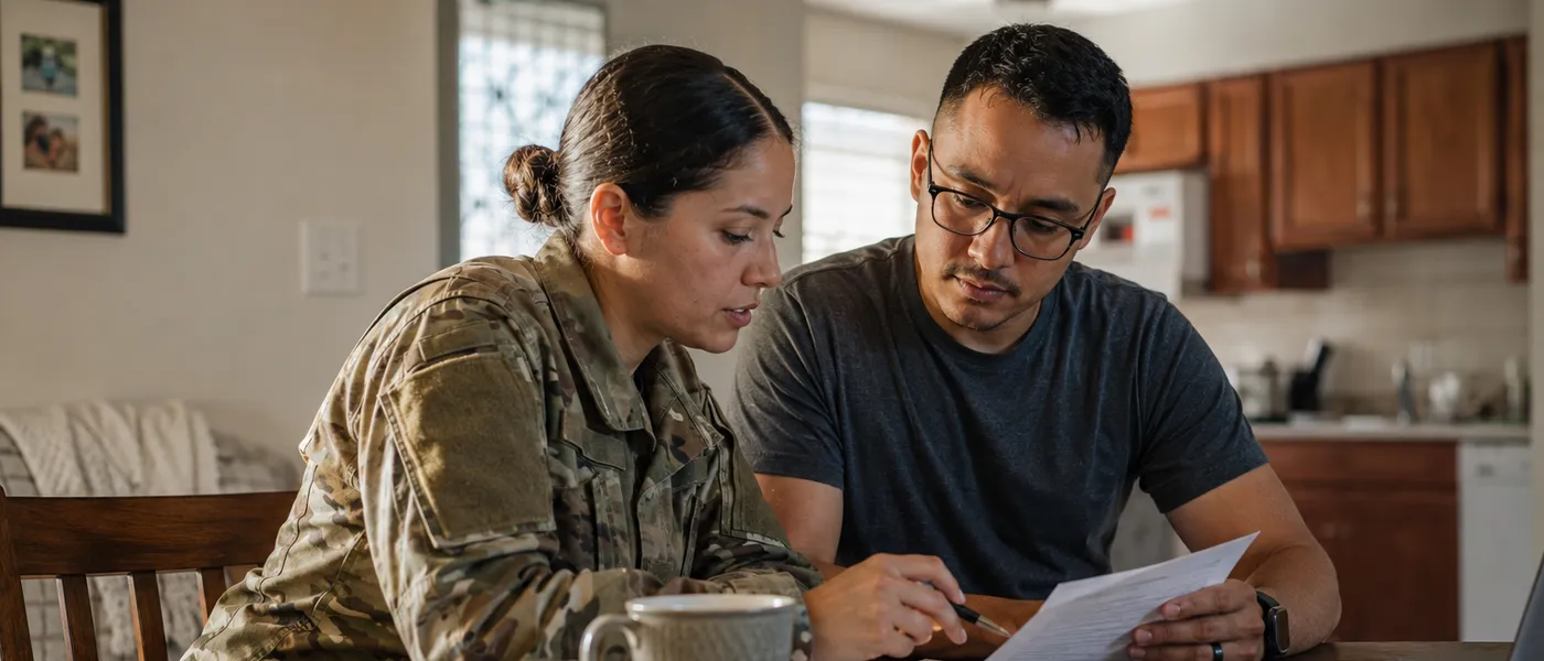 A service member in fatigues going over paperwork at a kitchen table with a partner.