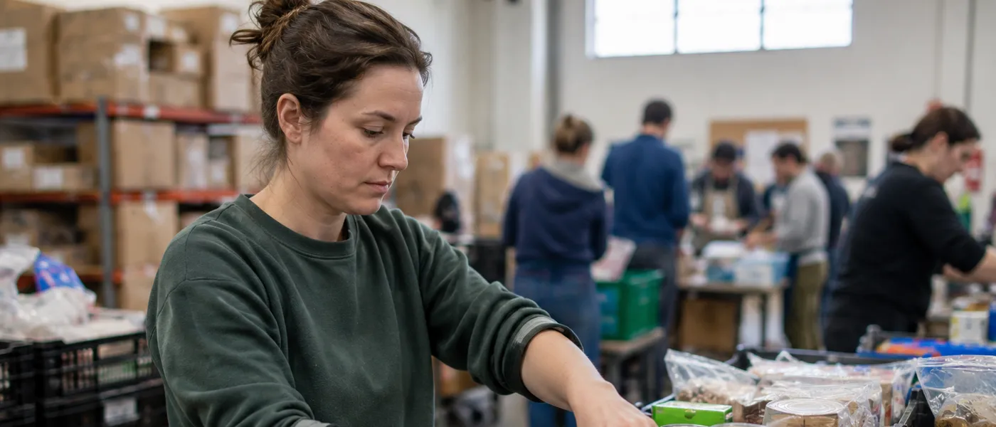 Una trabajadora de una organización sin fines de lucro clasificando donaciones en un banco de alimentos.