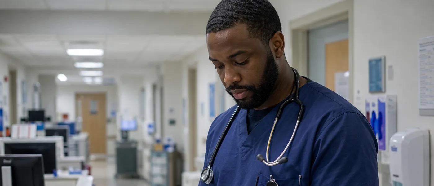 A nurse in scrubs and a stethoscope charting on a clipboard in a hospital corridor.