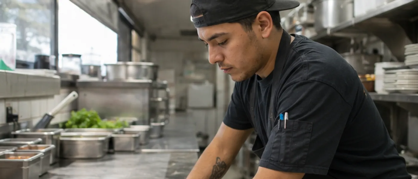 Un cocinero limpiando la barra de acero de una cocina de restaurante durante la preparación.