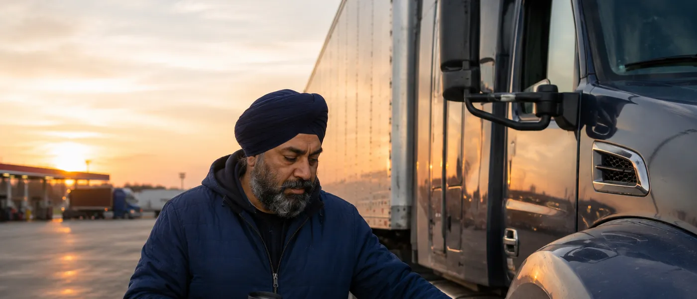 Un camionero haciendo la inspección alrededor del tráiler en una parada de camiones al amanecer.